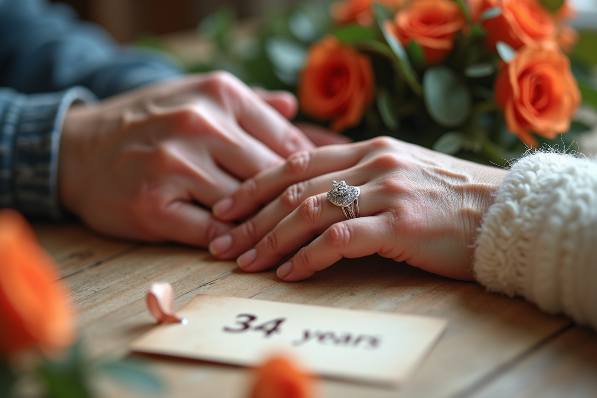 Mains d un couple age portant alliances sur une table