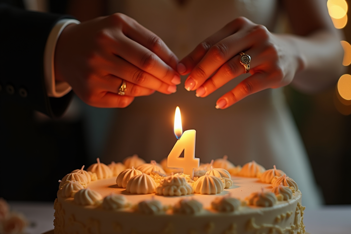 Mains échangeant des bagues dorées sur gâteau anniversaire