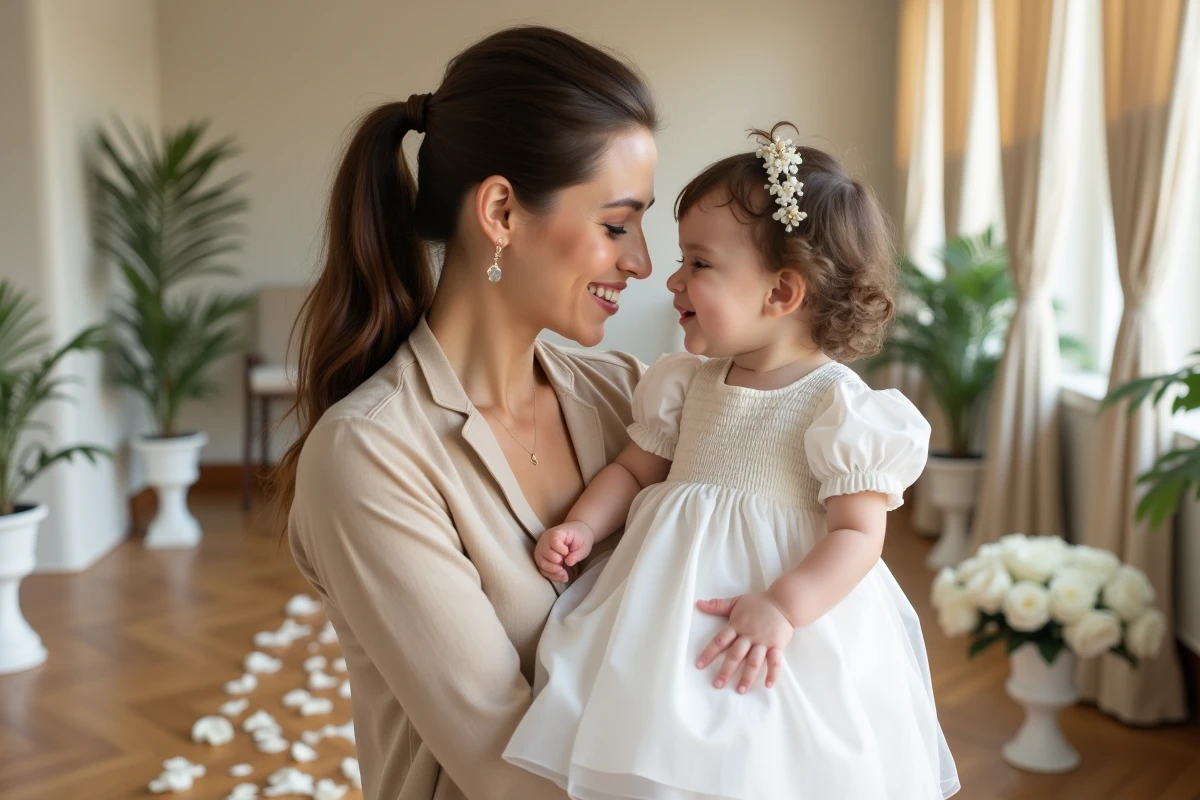 Maman tenant son bébé en robe de mariage simple smockée blanche lors d'une cérémonie intérieure