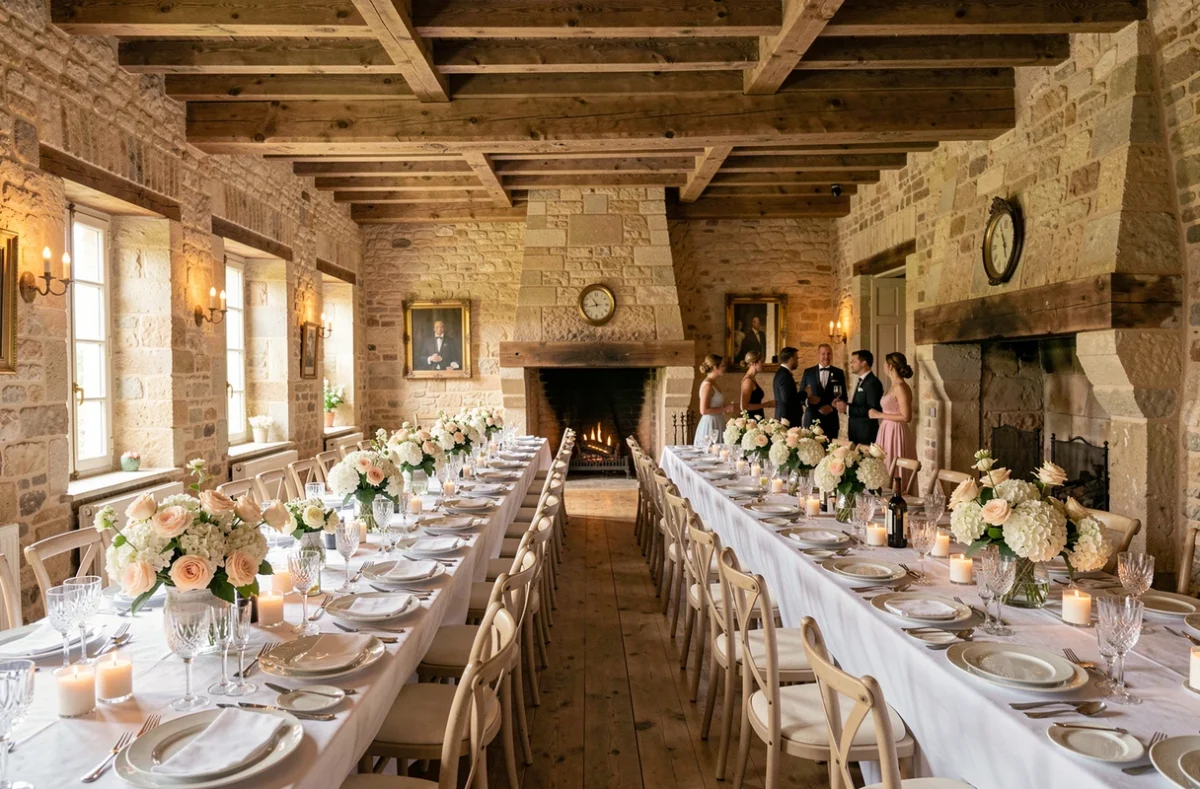 Intérieur élégant du Manoir d'Alexandre aménagé pour un banquet de mariage, avec des murs en pierre, des poutres apparentes et de longues tables décorées de fleurs