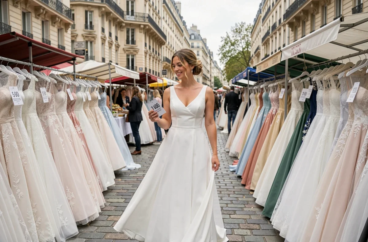 Femme en robe de mariée parcourant un marché de robes de mariée vintage et pas chères en plein air à Paris