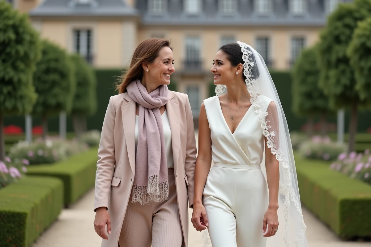 Jeune mariée et sa mère dans un jardin parisien