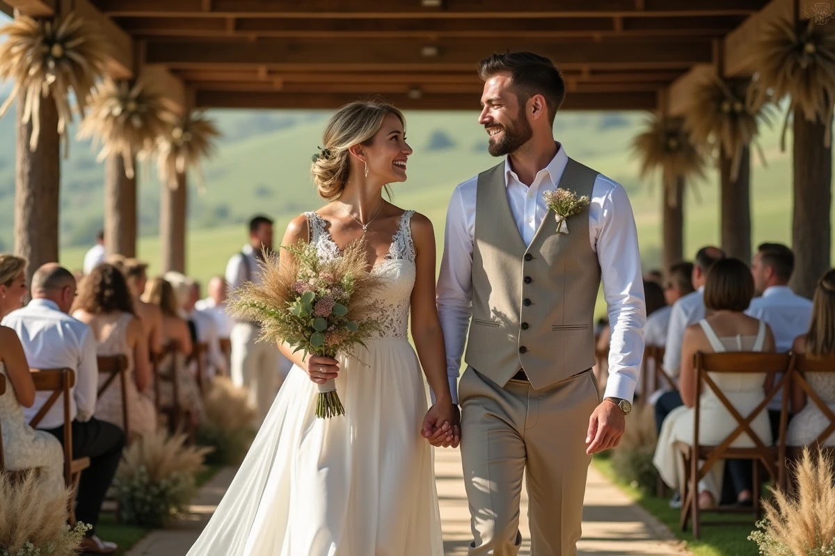 Couple lors d'un mariage champêtre avec robe de mariée simple en coton et dentelle devant une grange décorée