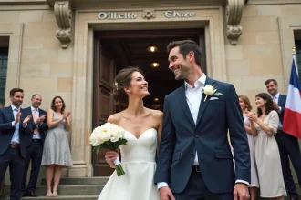 Couple de mariés souriant devant une mairie française un jour de semaine, illustrant un mariage civil simple et élégant