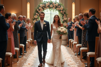 Jeune couple de mariés dans une cérémonie élégante