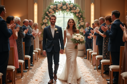 Jeune couple de mariés dans une cérémonie élégante