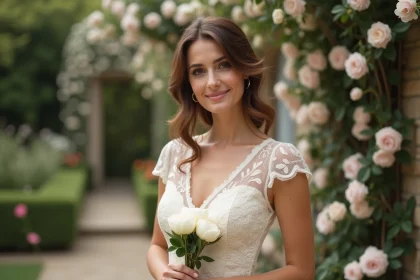 Femme élégante en robe ivoire tenant un bouquet de pivoines blanches dans un jardin français fleuri, évoquant une ambiance de mariage romantique