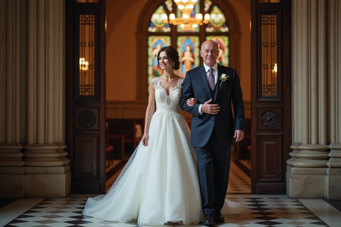 Jeune mariée en robe blanche à l'entrée de l'église