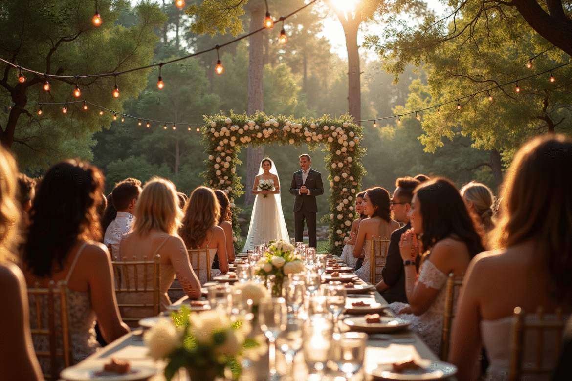 Cérémonie de mariage en plein air avec groupe jazz et invités