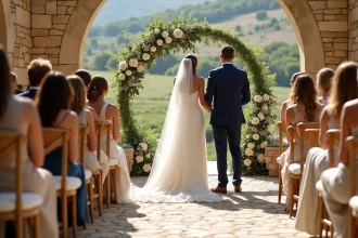 Cérémonie de mariage en plein air dans un village provençal avec couple élégant devant un autel fleuri à Gordes