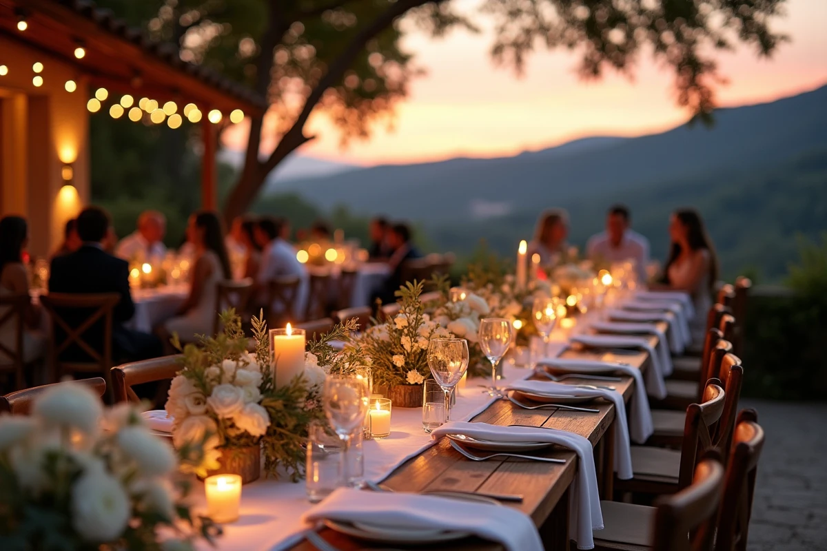 Dîner de réception de mariage en terrasse avec vue sur le Luberon au coucher de soleil près de Gordes