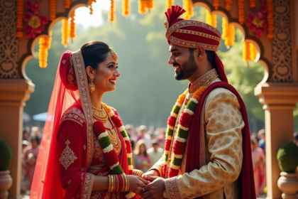 Jeune couple indien en sari et sherwani lors d un mariage en plein air