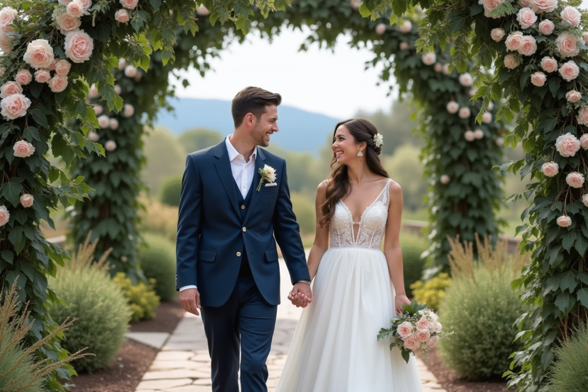 Couple heureux en mariage dans un jardin fleuri