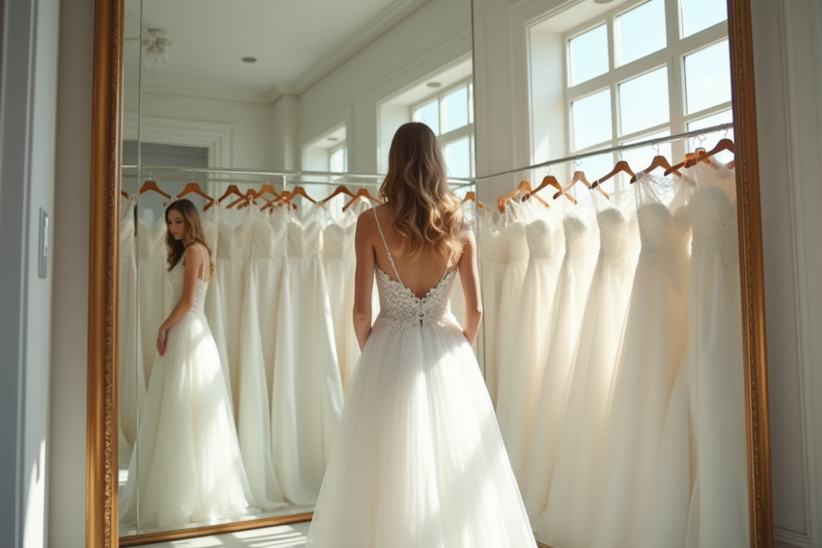 Mariée essayant une robe de mariage dans une boutique moderne