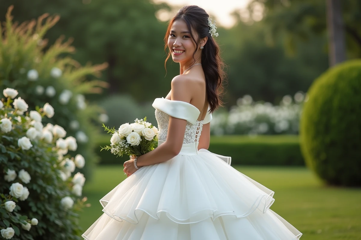 Jeune mariée en robe meringue dans un jardin fleuri
