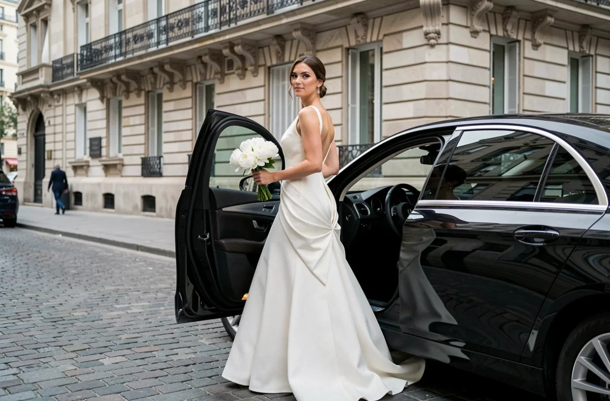 Mariée élégante en robe de créateur structurée en crêpe devant une façade haussmannienne à Paris