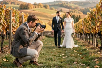 Photographe de mariage au travail dans les vignes du Rhône capturant un couple le jour J