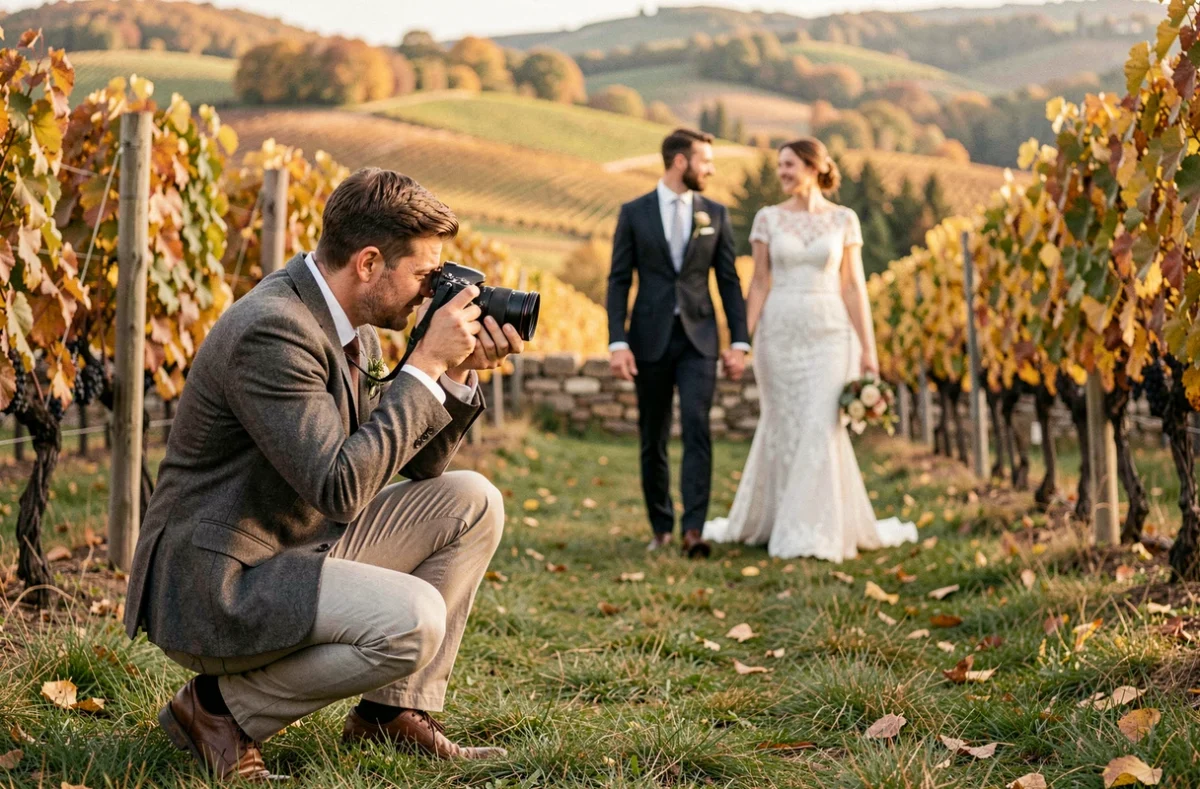 Photographe de mariage au travail dans les vignes du Rhône capturant un couple le jour J