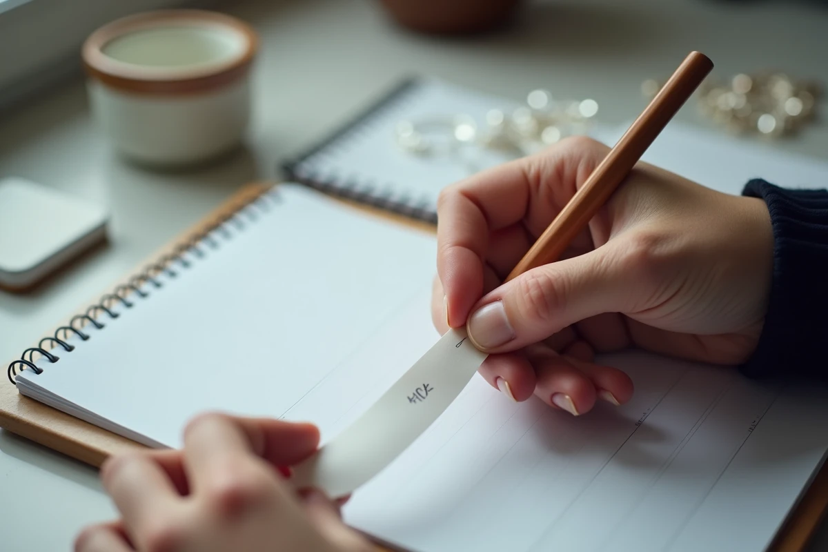 Mesure de la taille d'un doigt avec une bandelette de papier et un crayon pour trouver la taille de bague