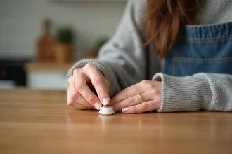 Femme mesurant la taille d'une bague en or avec un outil de mesure de bague sur une table en bois