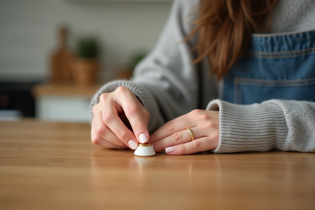 Femme mesurant la taille d'une bague en or avec un outil de mesure de bague sur une table en bois
