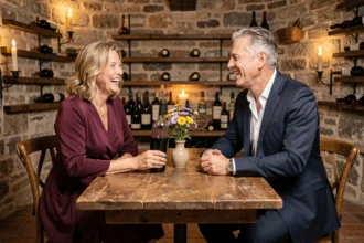 Couple fêtant 22 ans de mariage autour d'un verre de vin dans une cave restaurant rustique et intimiste