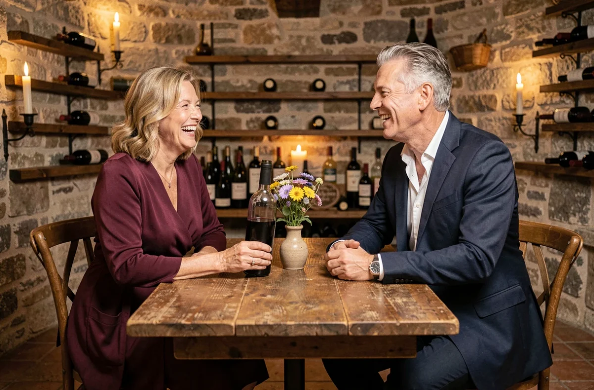 Couple fêtant 22 ans de mariage autour d'un verre de vin dans une cave restaurant rustique et intimiste