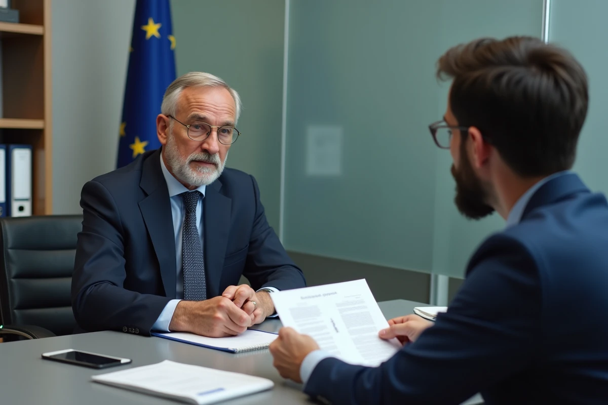 Officier consulaire examine dossier avec couple dans bureau moderne