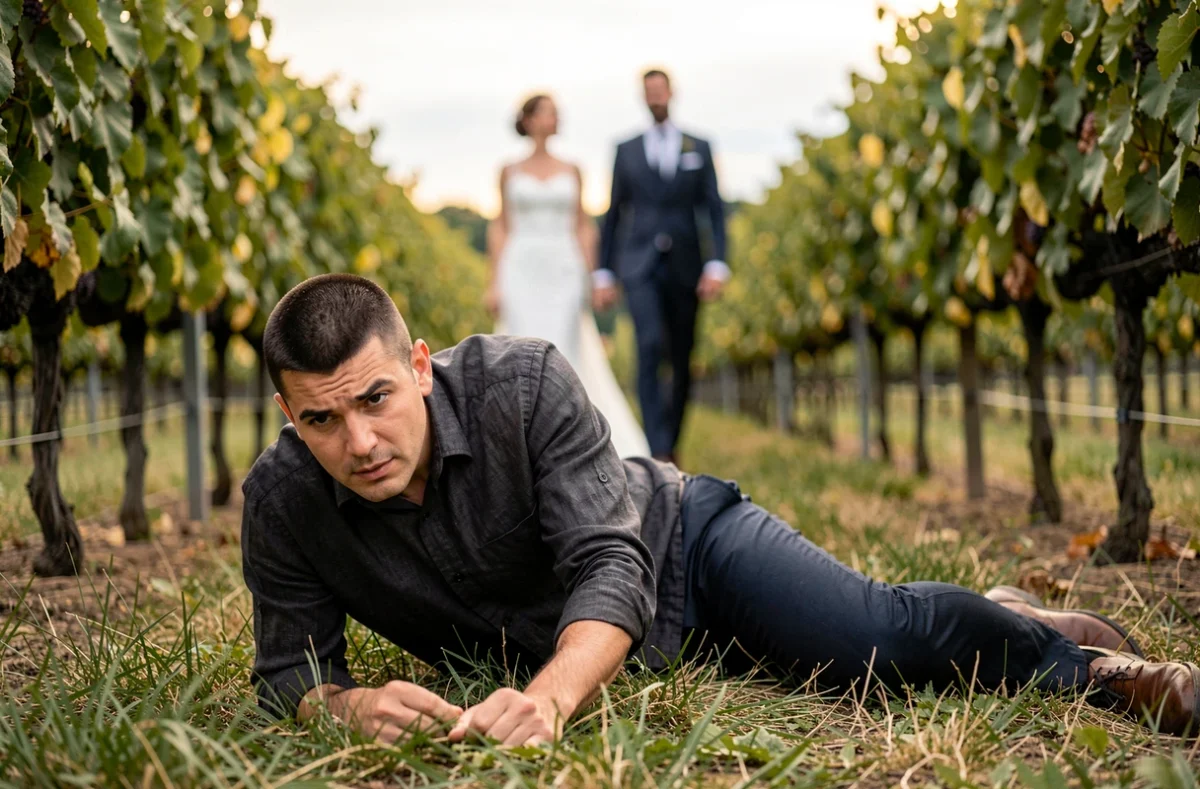 Oliver Saillard couché au sol pour capturer un angle créatif d'un couple de mariés dans les vignes de Bourgogne
