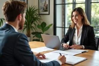 Organisatrice de mariage en bureau moderne avec couple