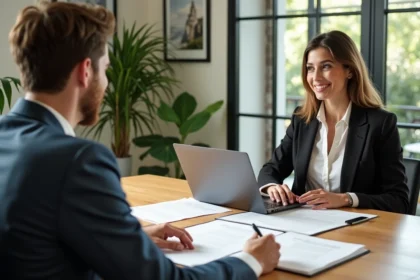 Organisatrice de mariage en bureau moderne avec couple