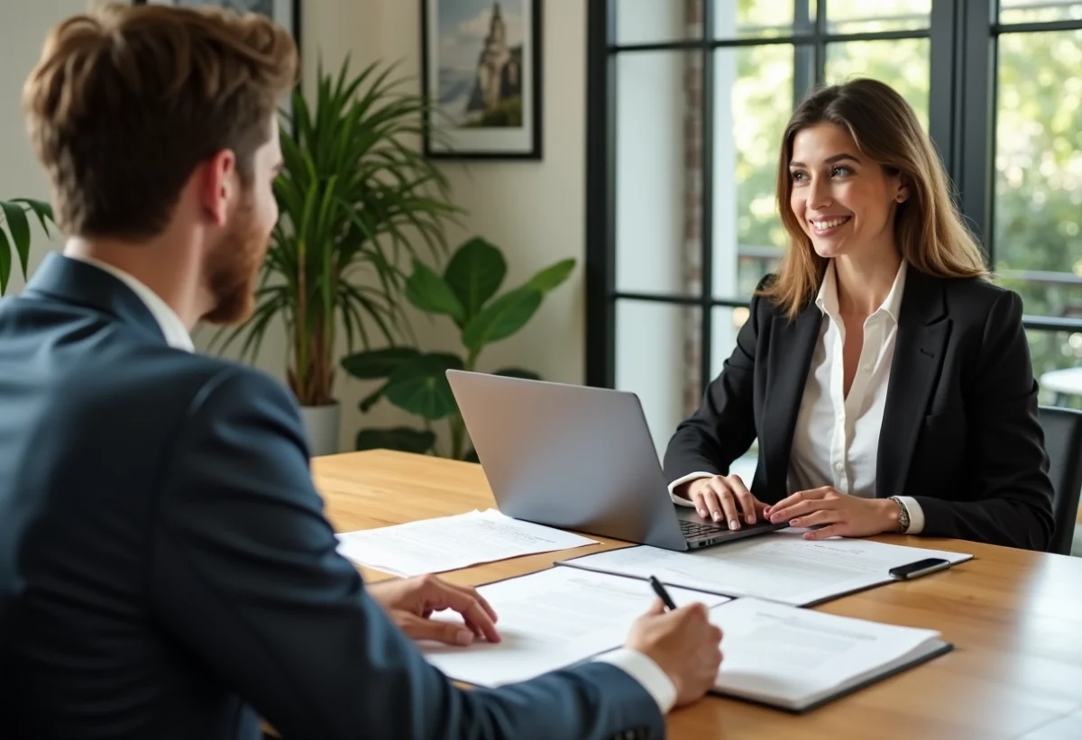 Organisatrice de mariage en bureau moderne avec couple