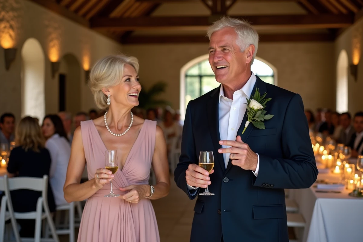 Les deux parents des mariés prenant la parole ensemble lors d'un discours de mariage dans une salle rustique en pierre