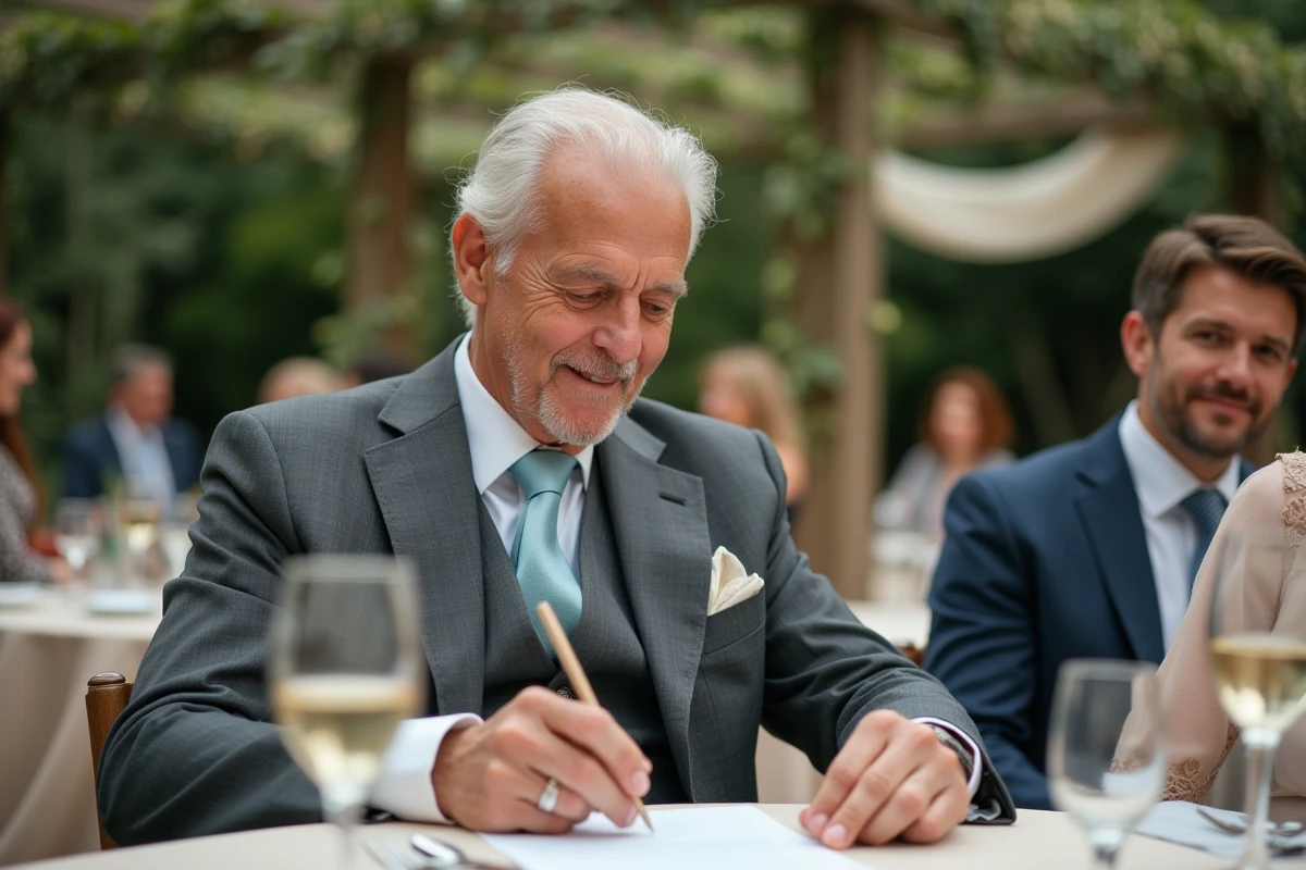 Père du marié relisant ses notes avant de prononcer son discours lors d'un mariage en plein air