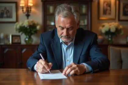 Père en costume écrivant un chèque dans un salon chaleureux