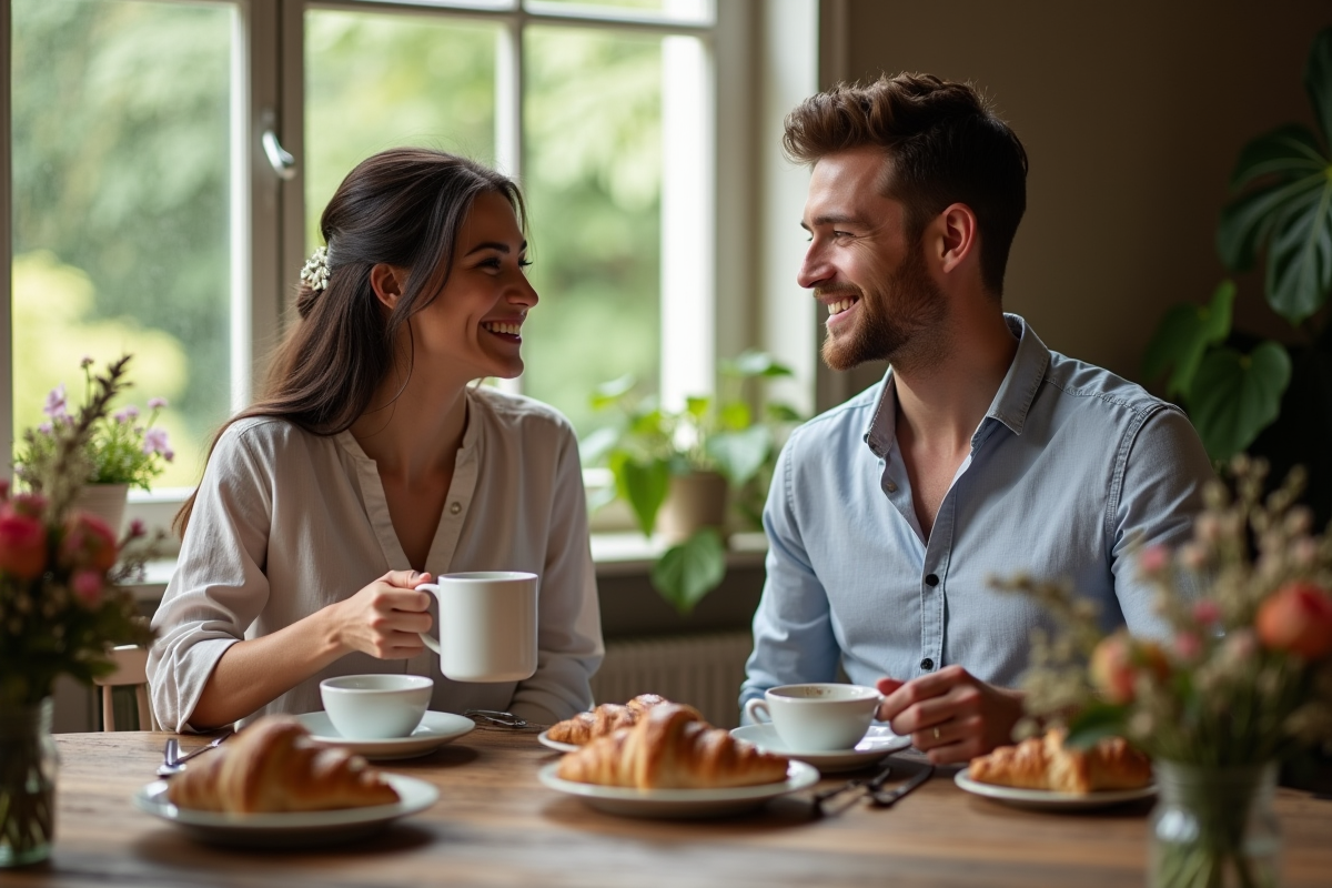 Jeune couple en petit déjeuner dans une chambre chaleureuse