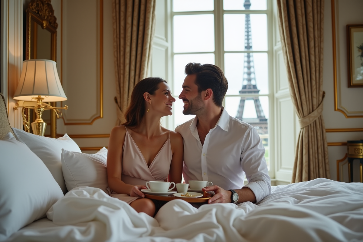 Jeune couple partageant un petit déjeuner à Paris
