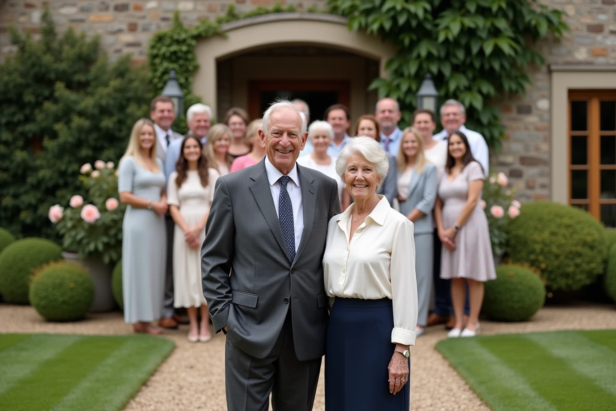 Photo de famille pour les 55 ans de mariage d'un couple entouré de leurs enfants et petits-enfants devant une maison en pierre