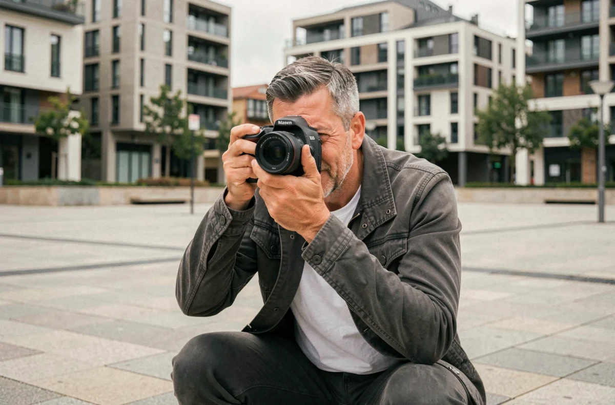 Photographe professionnel en train de shooter en extérieur dans un espace public à Massy
