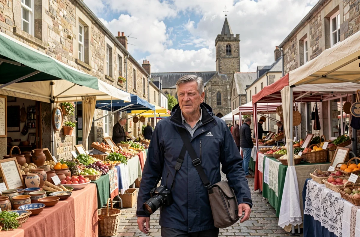 Photographe masculin se déplaçant dans un marché breton typique près de Pont-l'Abbé avec son matériel photo