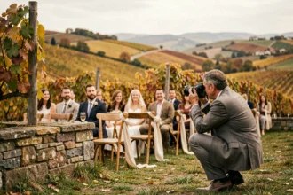Photographe de mariage en action lors d'une cérémonie en plein air dans les vignobles de Bourgogne-Franche-Comté