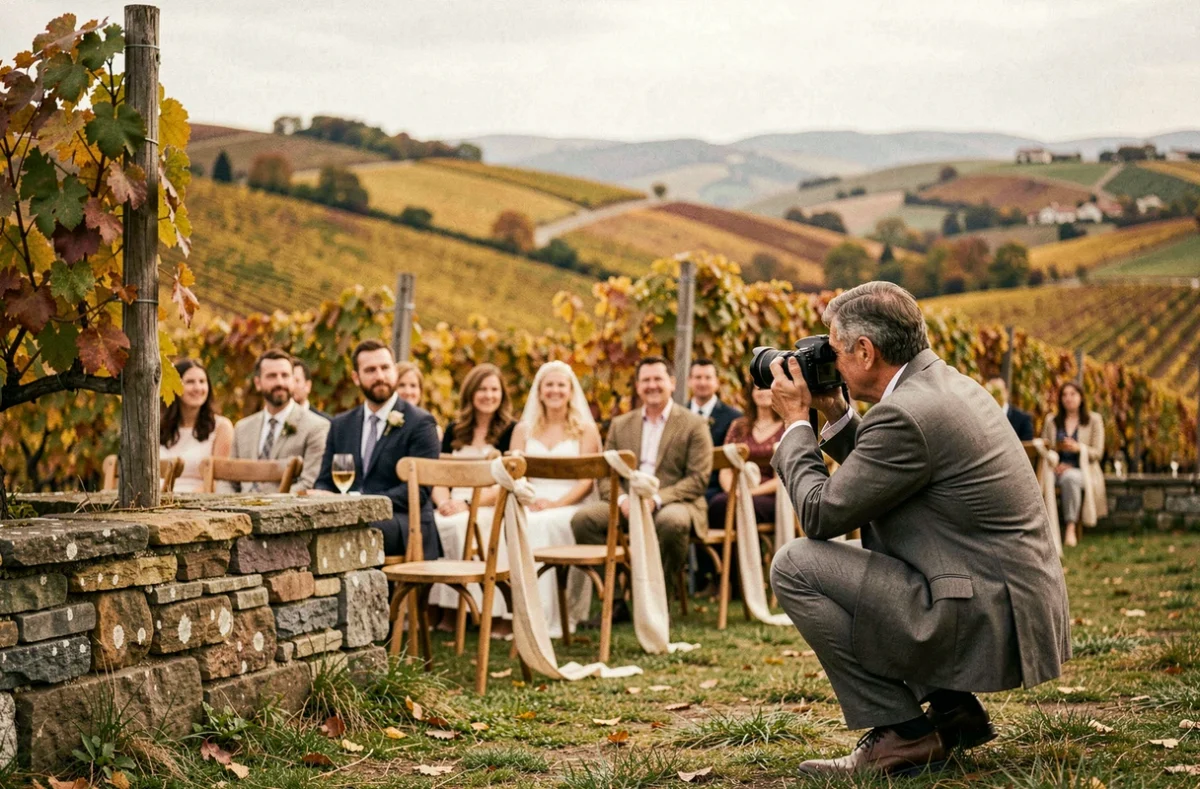 Photographe de mariage en action lors d'une cérémonie en plein air dans les vignobles de Bourgogne-Franche-Comté
