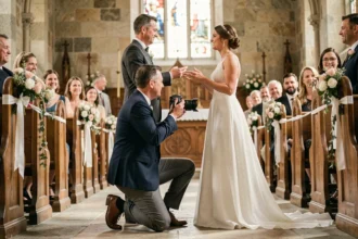 Photographe de mariage professionnel en action capturant la cérémonie des mariés dans une église