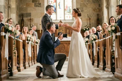 Photographe de mariage professionnel en action capturant la cérémonie des mariés dans une église