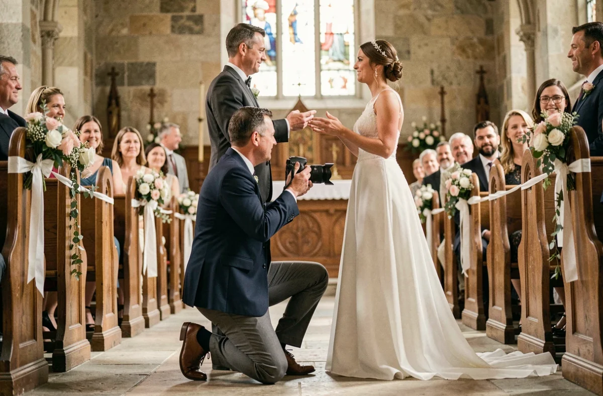 Photographe de mariage professionnel en action capturant la cérémonie des mariés dans une église