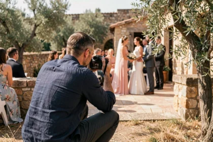 Photographe de mariage professionnel capturant une cérémonie en plein air à Montpellier entouré d'oliviers et de pierres dorées