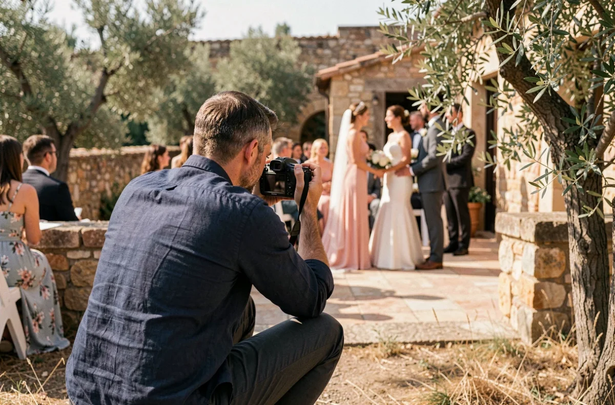 Photographe de mariage professionnel capturant une cérémonie en plein air à Montpellier entouré d'oliviers et de pierres dorées