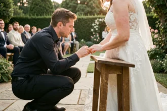 Photographe de mariage professionnel en action lors d'une cérémonie en plein air, capturant les alliances des mariés en vue basse