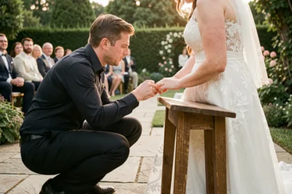 Photographe de mariage professionnel en action lors d'une cérémonie en plein air, capturant les alliances des mariés en vue basse