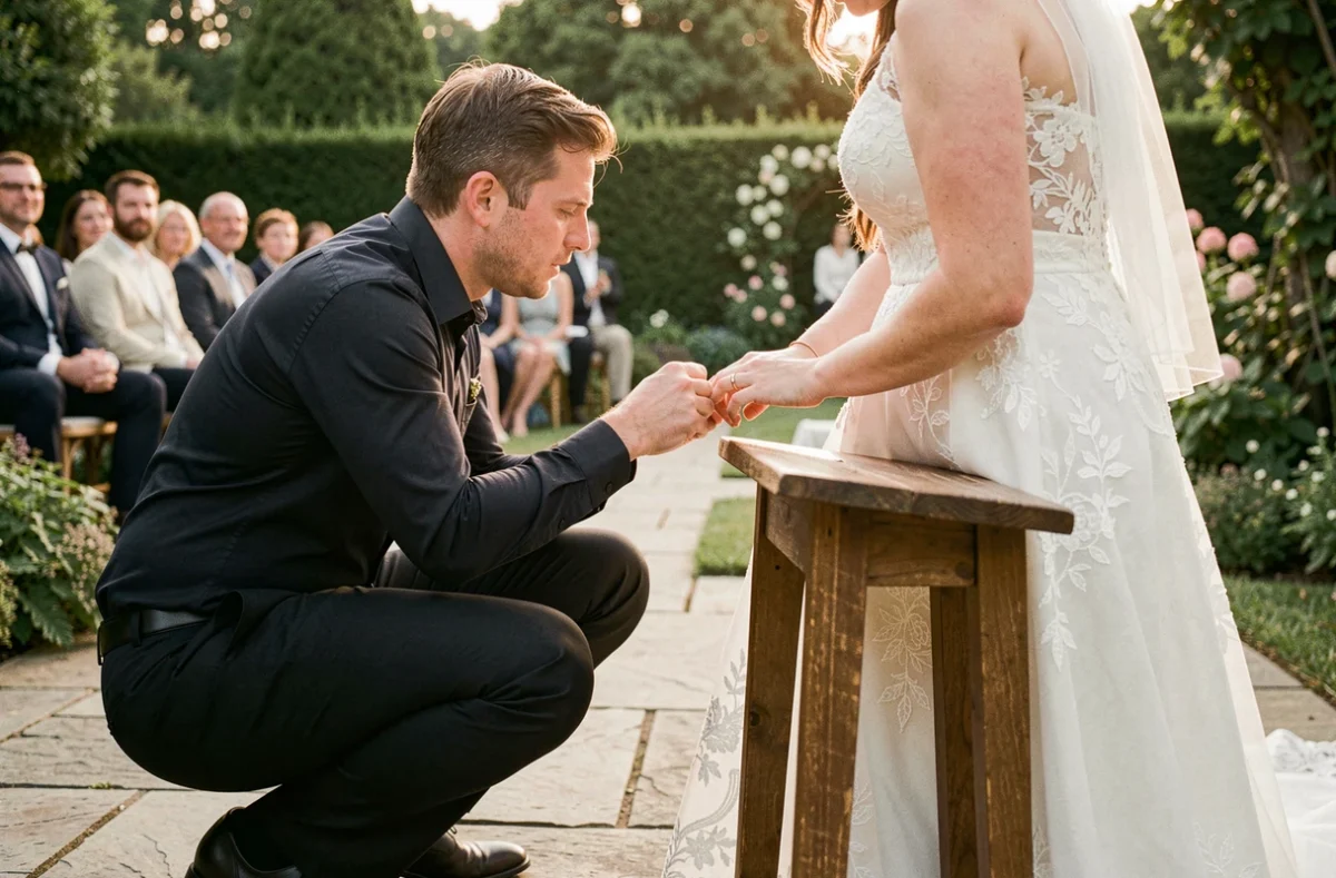 Photographe de mariage professionnel en action lors d'une cérémonie en plein air, capturant les alliances des mariés en vue basse